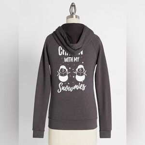 Modcloth Next Level Apparel Gray Zip Up Hoodie Snowman Holiday Design L NWOT